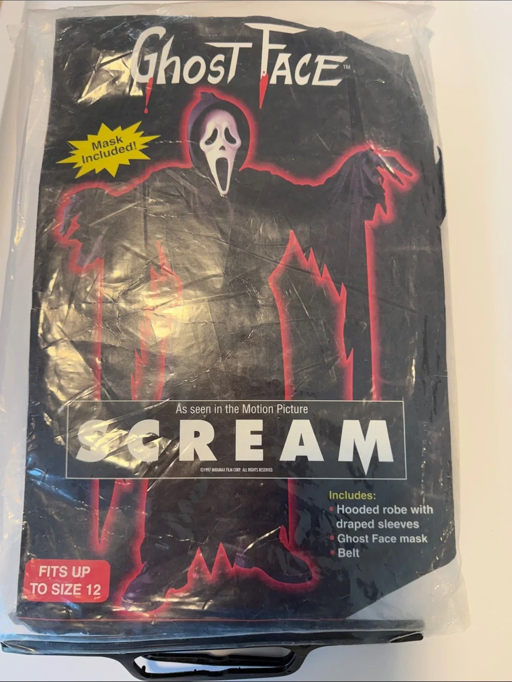 Vintage 90s Party City Ghost Face Kids Costume in Black with White Mask